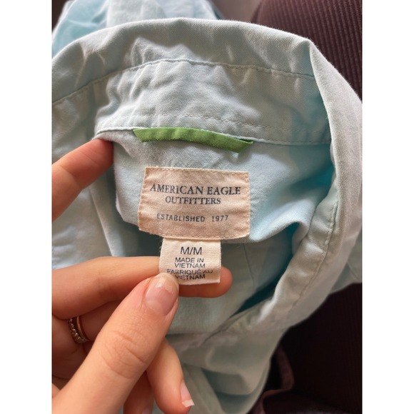 American Eagle Outfitters Mens Button Down Shirt Size M Light Blue Logo Preppy - Picture 5 of 8